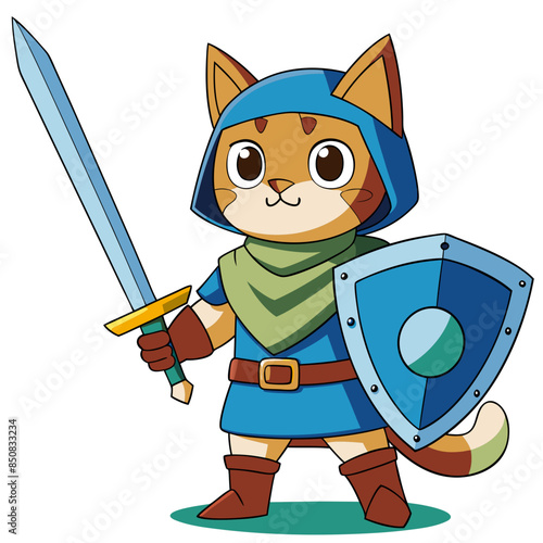 illustration of an anime cat knight in shining armor, holding a sword and shield, with a brave and slightly over-the-top heroic stance