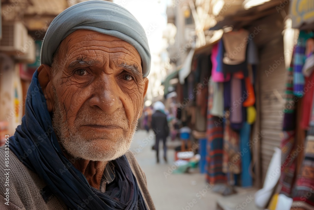 Portrait of a pensive elderly man with a marketplace background Portrait of a pensive elderly man with a marketplace background