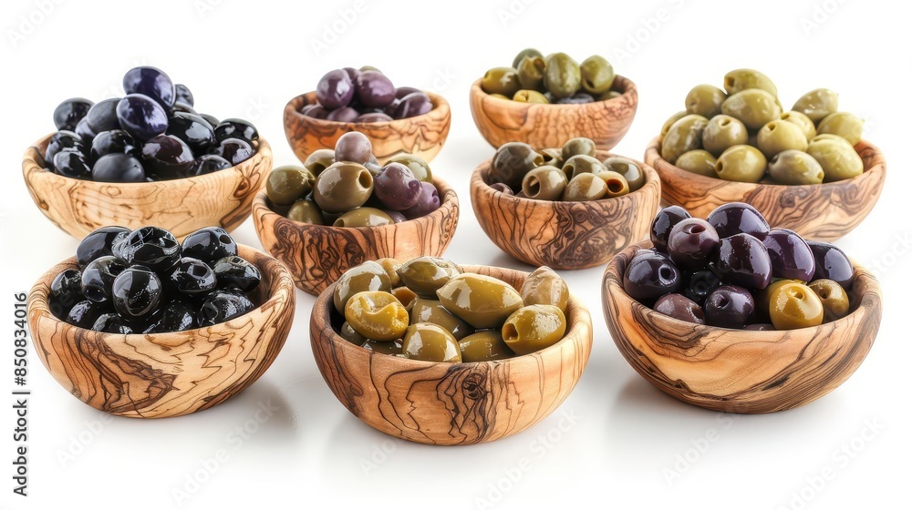 assortment of delicious olives in rustic wooden bowls isolated on white background assortment of delicious olives in rustic wooden bowls isolated on white background