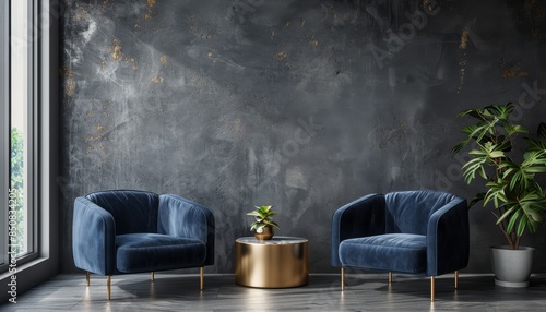 Two Blue Velvet Armchairs Against a Gray Wall With Plants and a Gold Table