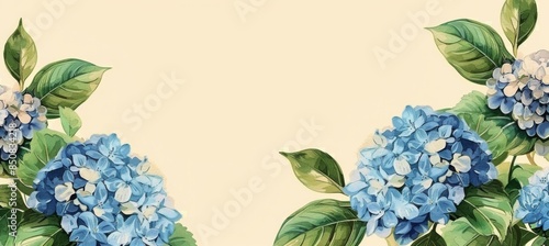 Blue Hydrangea Flowers With Green Leaves on a Tan Background
