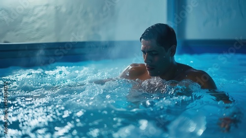 athlete recovering in ice plunge pool postworkout sports therapy concept photo