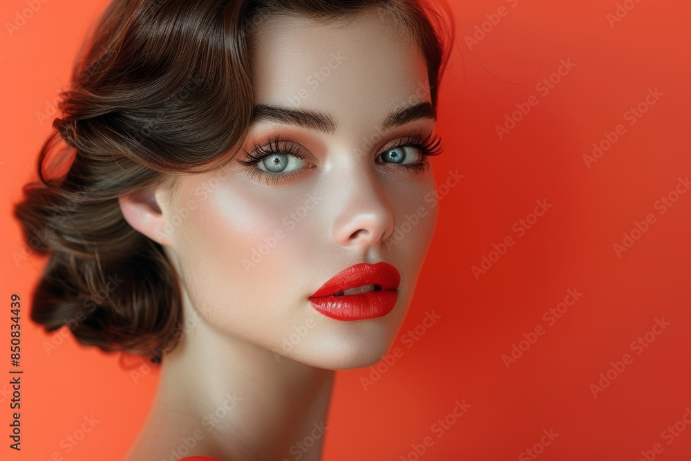Retro Hairstyle Woman Against Red Background Retro Hairstyle Woman Against Red Background
