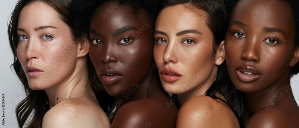 Obraz premium Four women with diverse complexions and striking features pose against a neutral background, exemplifying beauty in its many forms.