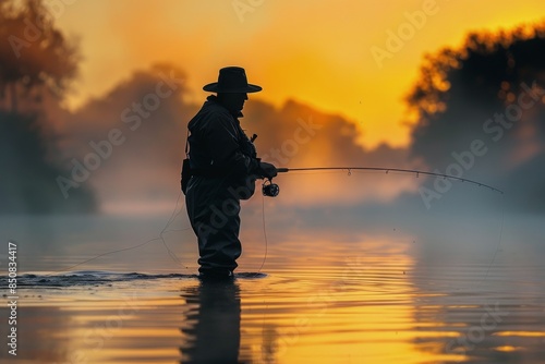 Solitary Fisherman Casting in Autumnal River