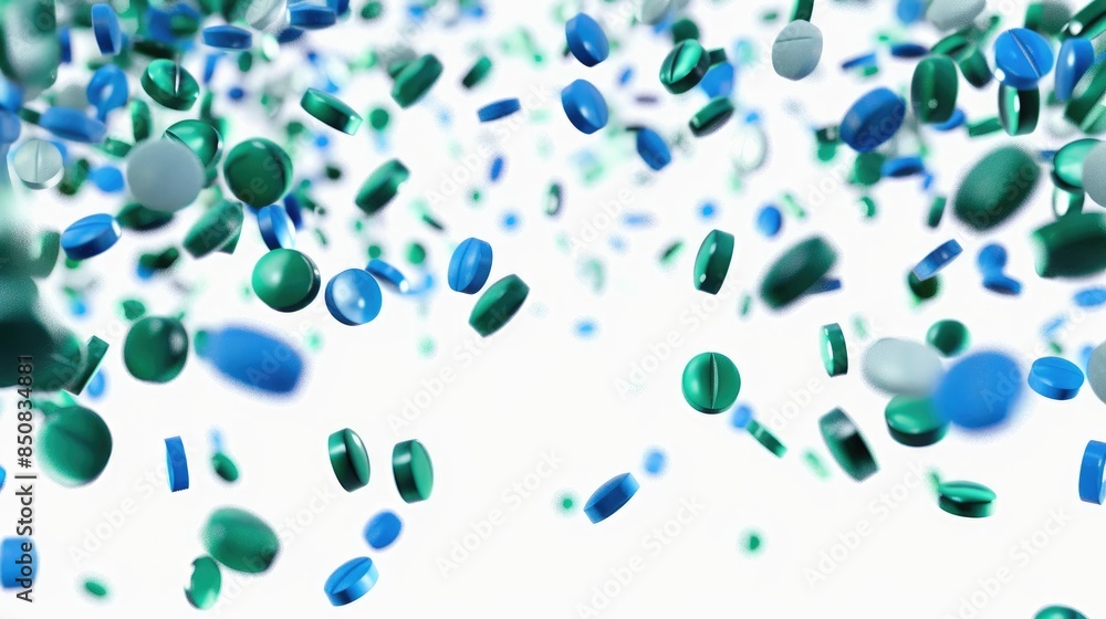 Blue and green pills falling on white background with room for text Blue and green pills falling on white background with room for text