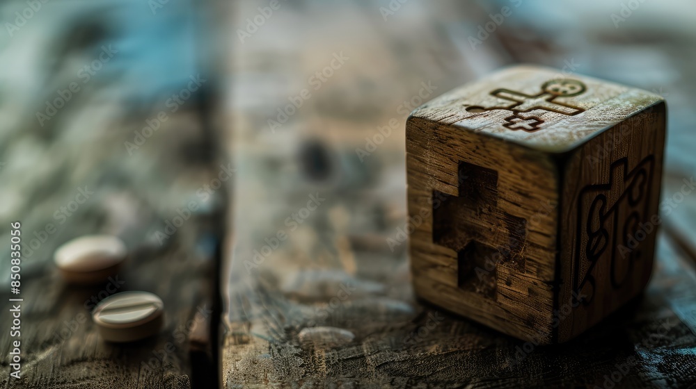 Wooden Dice with Symbols on Weathered Wood Surface Wooden Dice with Symbols on Weathered Wood Surface