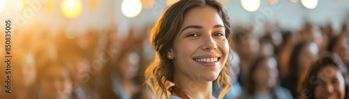 Smiling woman in a crowd, happy and friendly expression.