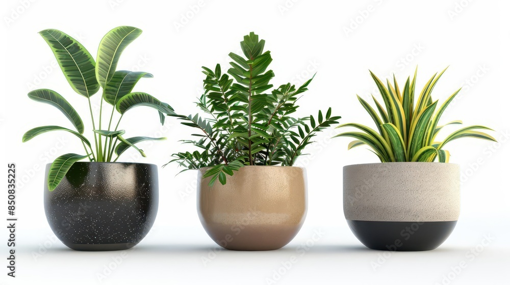 Fototapeta premium beautiful plants in ceramic pots isolated on white background perfect for digital composition and architecture visualization 3d render