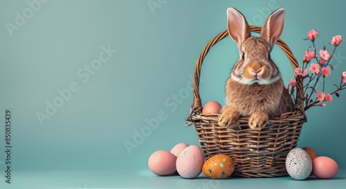 Brown Rabbit Sitting in Wicker Basket With Easter Eggs and Flowers