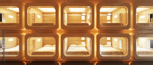 Rows of futuristic capsule beds, each softly lit, create a warm and inviting dormitory space perfect for travelers or minimalist living.