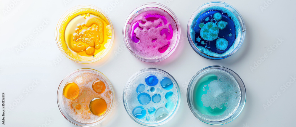 Six colorful petri dishes with various vibrant hues and patterns create a visually striking scientific still life. Six colorful petri dishes with various vibrant hues and patterns create a visually striking scientific still life.