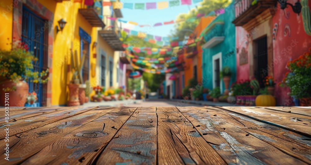 Fototapeta premium Colorful Street Scene With Wooden Tabletop in a Vibrant Mexican Town