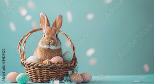 Brown Rabbit Sitting in Wicker Basket With Easter Eggs and Flowers