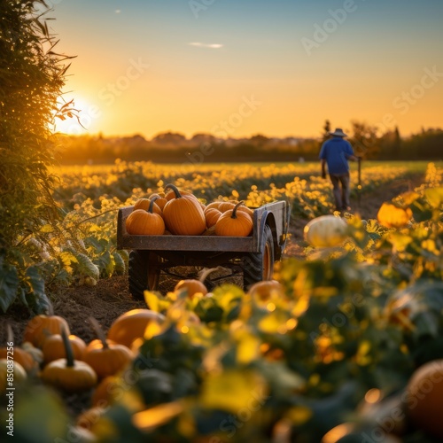 A farmer walks through a pumpkin field at sunset, with a cart full of freshly harvested pumpkins, capturing the essence of autumn harvest. photo