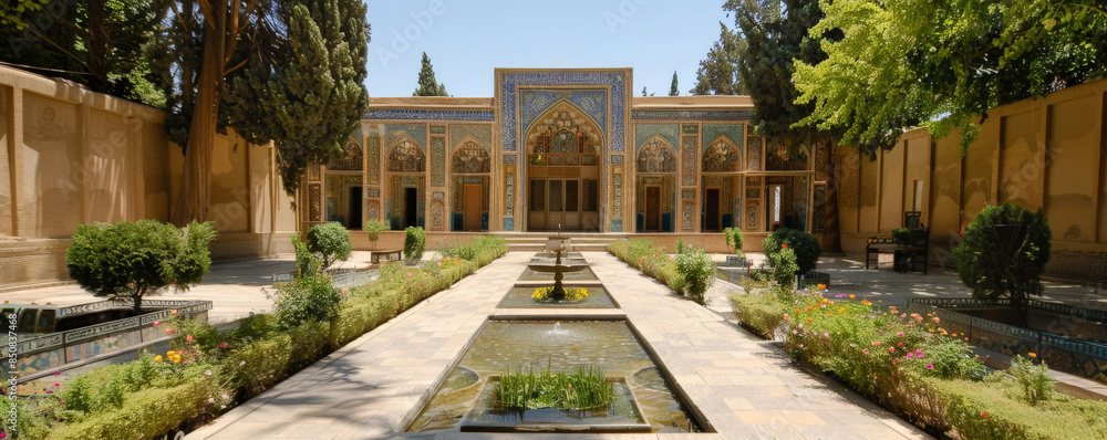 Obraz premium An ancient Persian palace with intricate tilework and lush gardens.