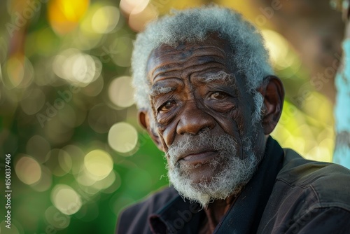 Closeup of an elderly man's face showcasing deep wrinkles and a thoughtful expression against a bokeh background