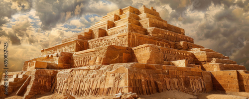 An ancient Mesopotamian ziggurat with clay bricks and carvings.