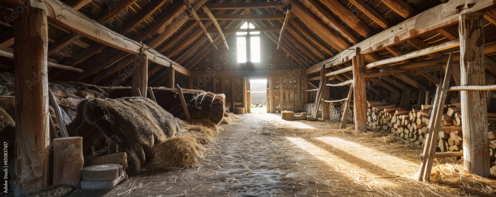 An ancient Viking longhouse with wooden beams and animal hides. An ancient Viking longhouse with wooden beams and animal hides.