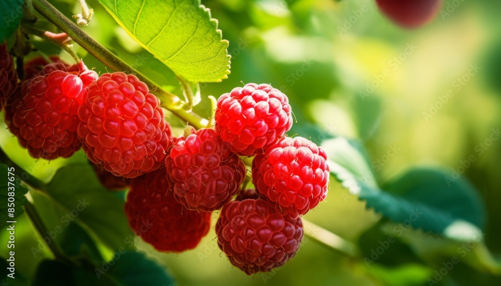 Close-up of ripe red raspberries hanging from a branch in a sunny garden, showcasing vibrant colors and natural beauty. Close-up of ripe red raspberries hanging from a branch in a sunny garden, showcasing vibrant colors and natural beauty.