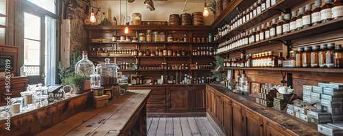 An old-fashioned apothecary shop with wooden shelves and glass bottles.