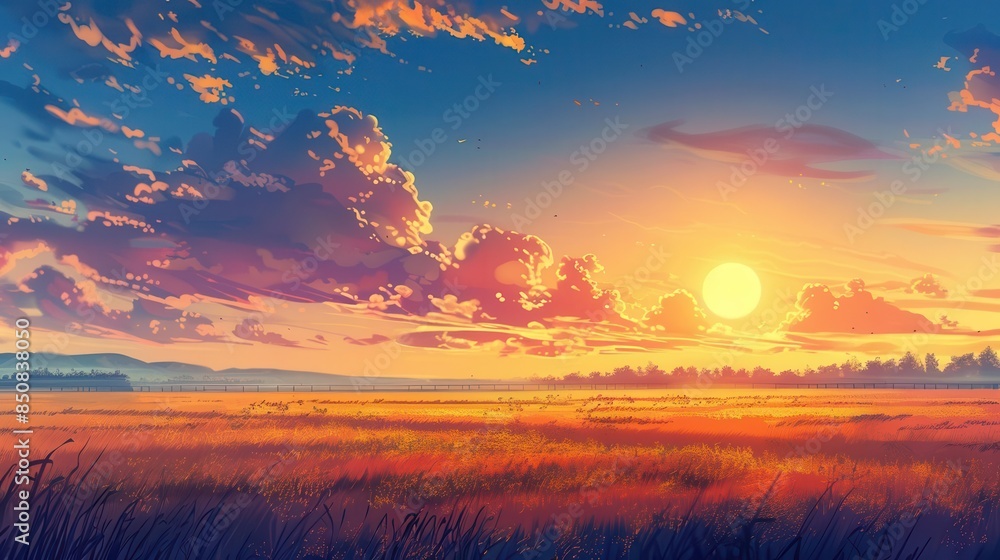breathtaking sunset over tranquil field landscape ai generated artwork breathtaking sunset over tranquil field landscape ai generated artwork