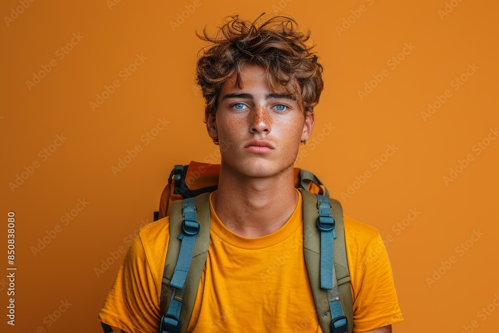 Young Man With Backpack Ready for Adventure Young Man With Backpack Ready for Adventure