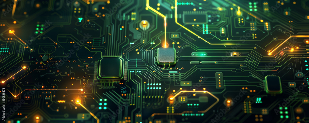 Digital circuit board pattern in green and gold with glowing elements. Digital circuit board pattern in green and gold with glowing elements.