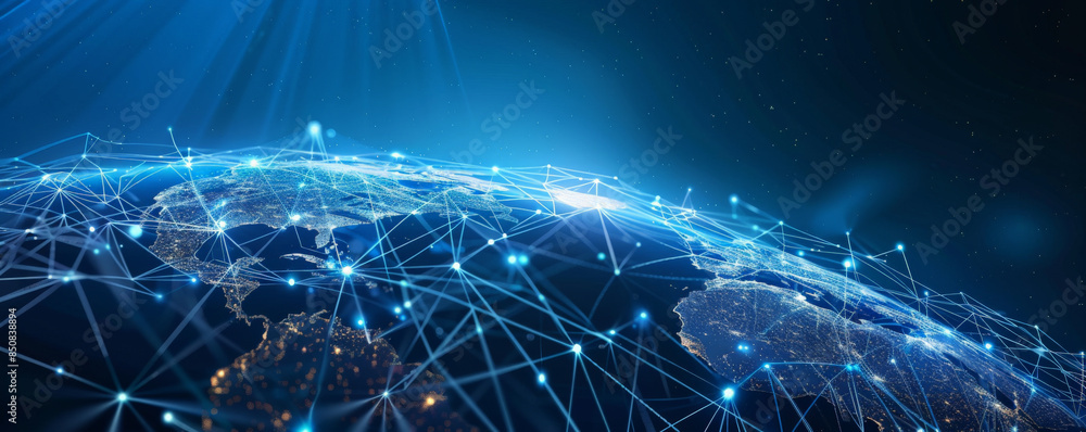 Obraz premium Digital globe with interconnected nodes and data streams.