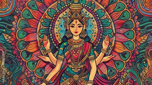 Traditional Indian Art of Goddess Lakshmi: Design an image of Goddess Lakshmi in the style of traditional Indian art, such as Tanjore or Madhubani. 