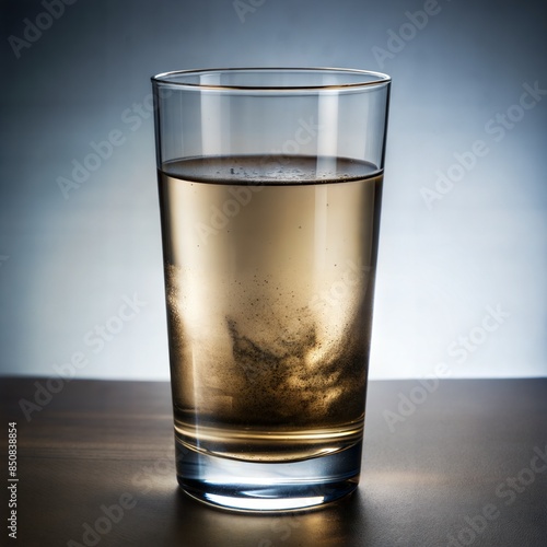 Dirty water with contaminants in a glass on a office table, Sewerage in the environment, water recycling pollution