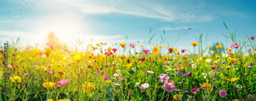 Fresh green meadow filled with colorful wildflowers and bright sunshine. © AI_images_for_people