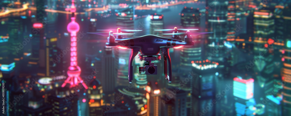High-tech drone flying over a futuristic cityscape with neon lights. High-tech drone flying over a futuristic cityscape with neon lights.