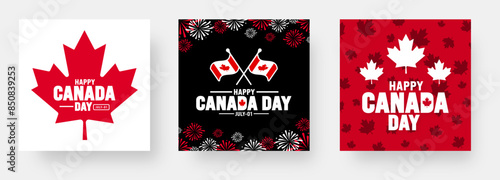1 July is Happy Canada Day social media post banner or background design template set. with Canada flag maple leaf. celebrating Canada independence day banner bundle.