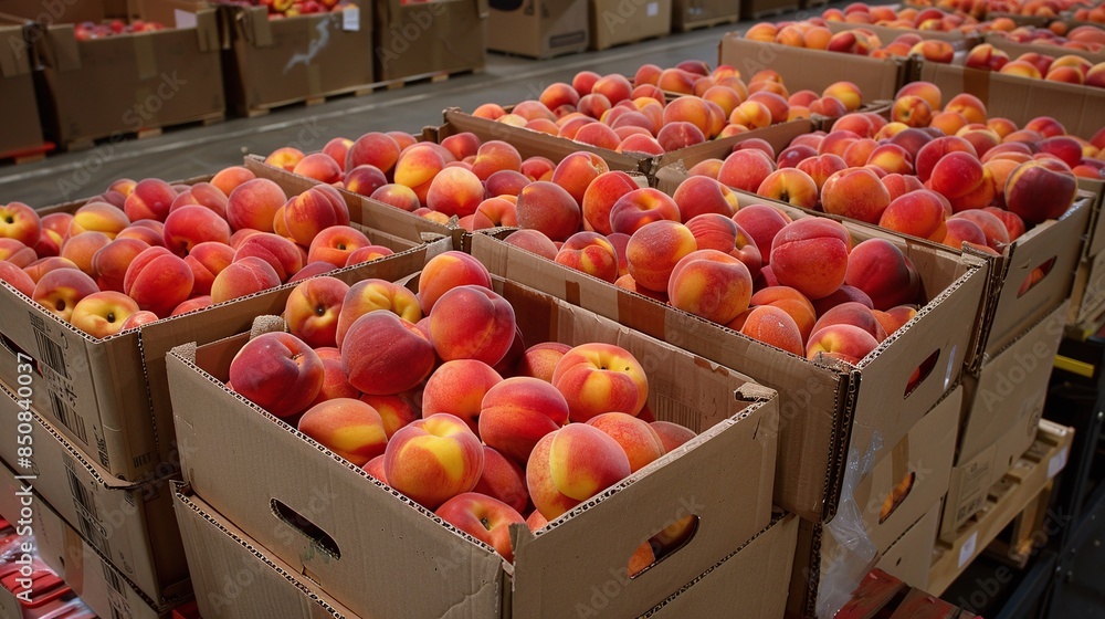 Fresh peaches are packed into cardboard boxes ready to be delivered to customers Fresh peaches are packed into cardboard boxes ready to be delivered to customers