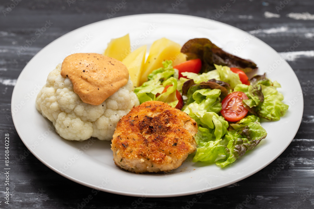 Fried chicken meatballs with boiled vegetables on white plate Fried chicken meatballs with boiled vegetables on white plate