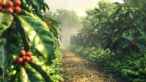 Rustic coffee plantation scene, showcasing rows of lush, green coffee plants, with ripe, red coffee cherries ready for harvest. Generative Ai photo