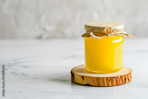 Ghee butter in a glass jar on light background
