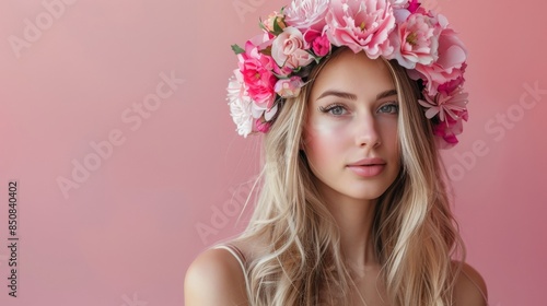 A young woman with blonde hair wears a flower crown and stares off to the side