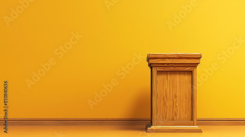 A clean background in the color lemmon. Positioned on this clean background is a lifelike photograph of a wooden lectern photo