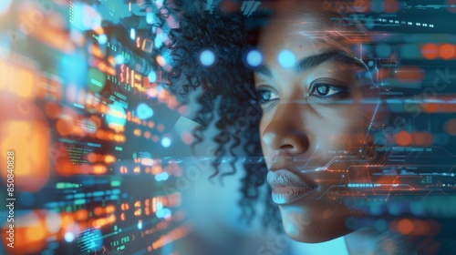 Tech portrait of a woman, her curls softly lit by blue and orange digital patterns.