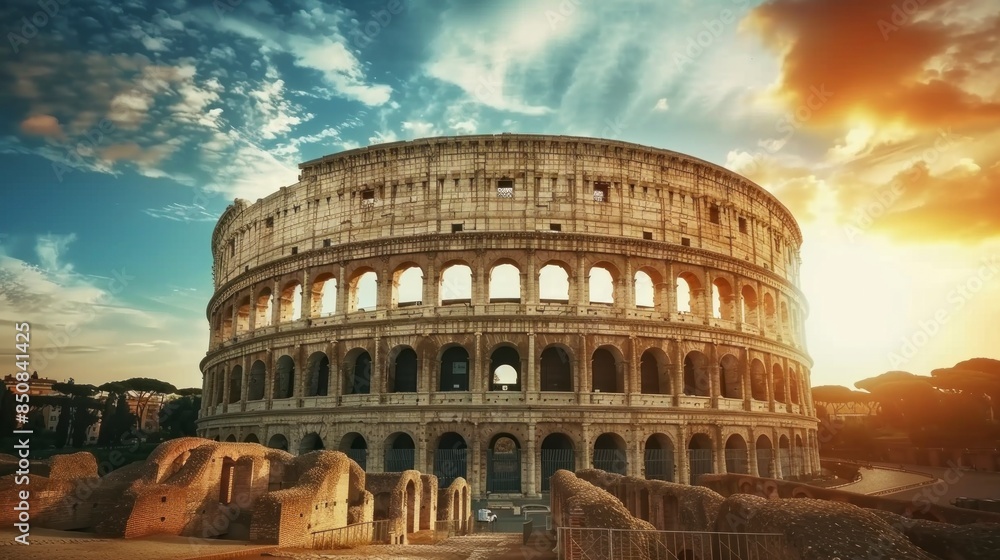 Obraz premium Roman coliseum panoramic view on a beautiful sunset