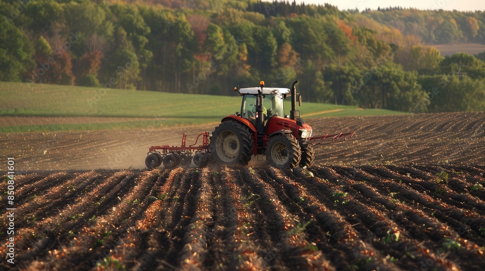 Fototapeta premium Tractor Plowing Field at Sunrise