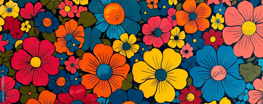 A 1970s flower power pattern with bold, colorful blooms. A 1970s flower power pattern with bold, colorful blooms.