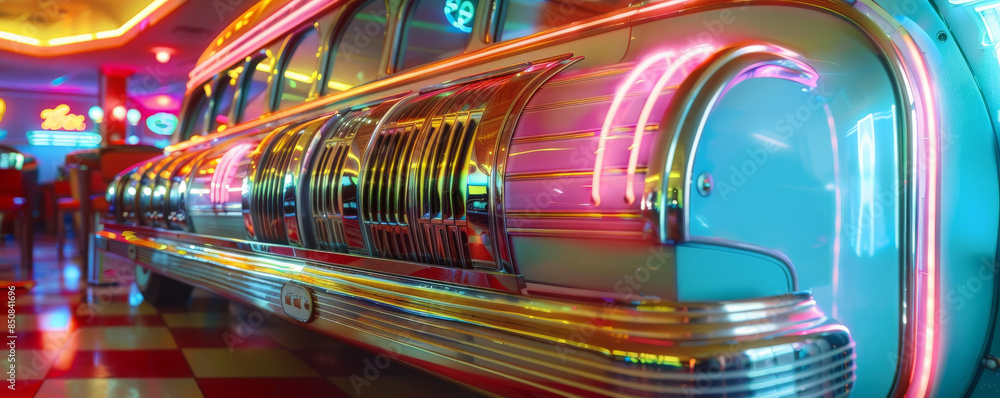 Fototapeta premium A 1950s jukebox with chrome and neon lights.