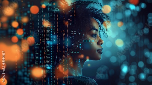 Profile view of a woman engaged in tech, dark blue and orange tones adding depth.