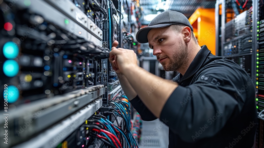 In a blue-hued server room, an engineer attentively configures the network equipment. In a blue-hued server room, an engineer attentively configures the network equipment.