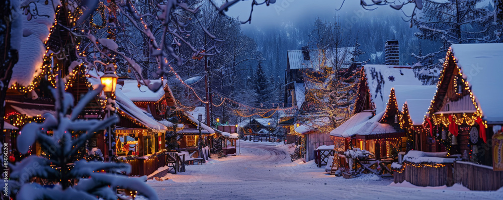 Fototapeta premium A charming holiday village with decorated houses, festive lights, and a snow-covered landscape.