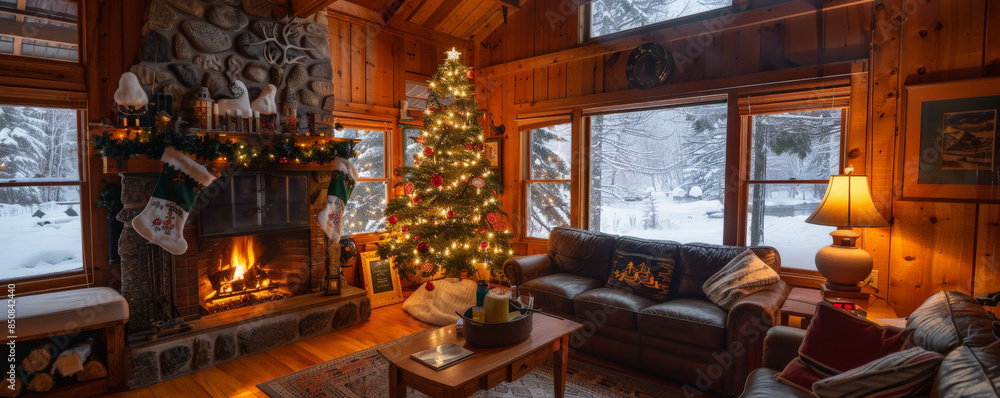 A cozy cabin with a decorated Christmas tree, a warm fire, and snow outside the window. A cozy cabin with a decorated Christmas tree, a warm fire, and snow outside the window.