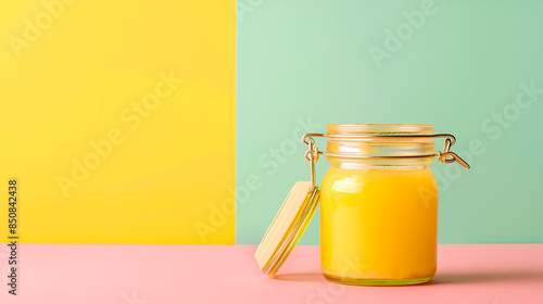 Ghee butter in a glass jar on pastel background photo